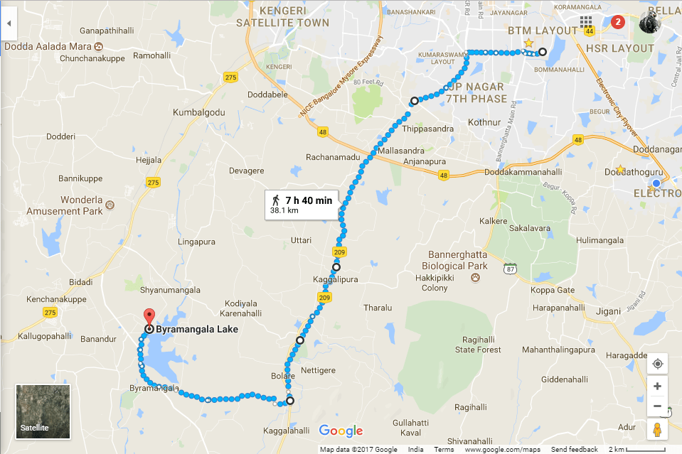 The route taken to reach byramangala lake from Bangalore