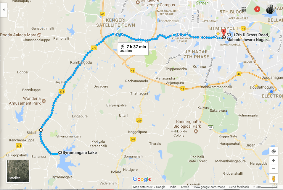 The route taken to reach Bangalore from Byramangala lake